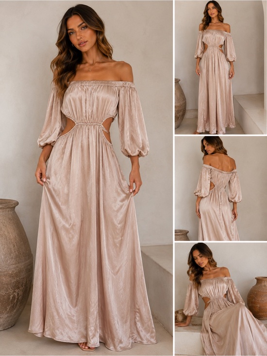 ARULA Dresses & Skirts - Arula Satin Off Shoulder Cutout Maxi Dress Champagne Resort Glam